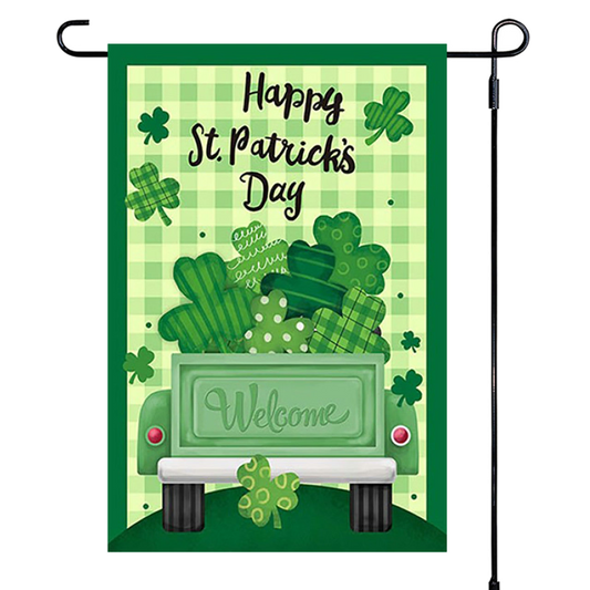 St. Patrick's Day garden flag with a green truck and shamrocks on a checkered background.