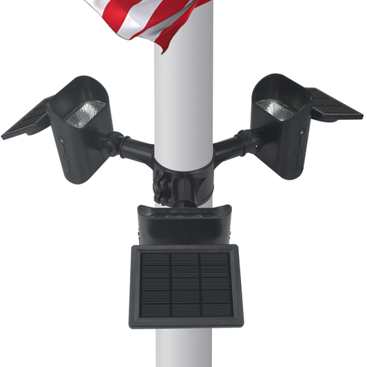 Solar-powered flagpole light with American flag on a white background