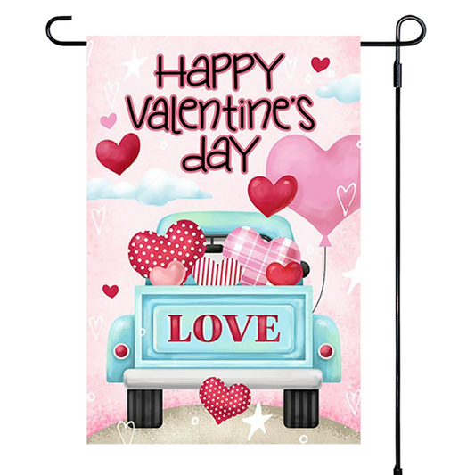 Valentine's Day-themed garden flag with a truck and hearts on a pink background