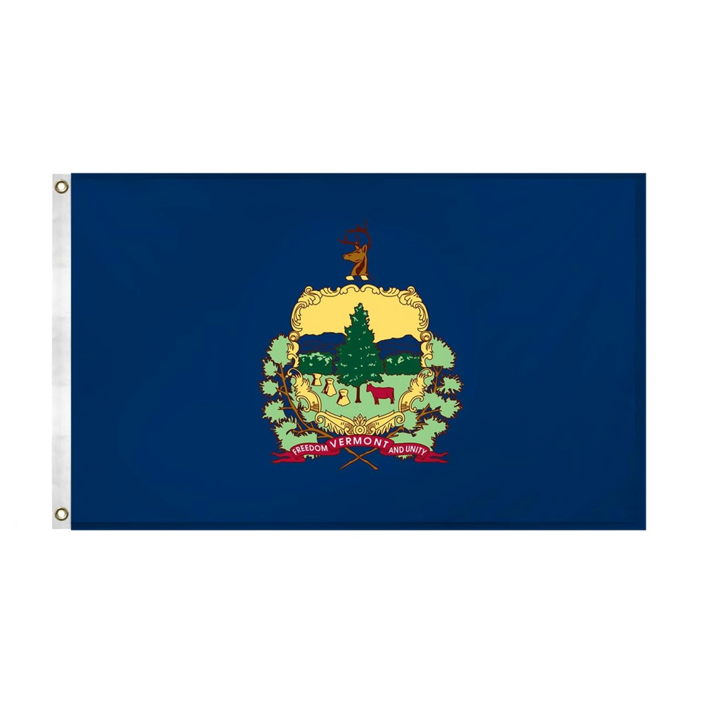 Flag of Vermont with trees and forest animals