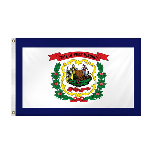 State of West Virginia state flag featuring the full-color state seal and 'State of West Virginia' red banner on a white field with a dark blue border