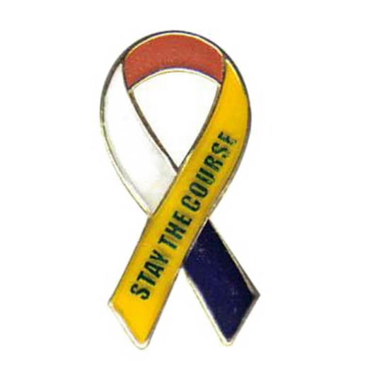 Yellow and blue ribbon with 'Stay the Course' text on a white background