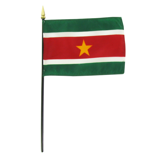 Flag of Suriname with green, white, and red horizontal stripes and a yellow star in the center.