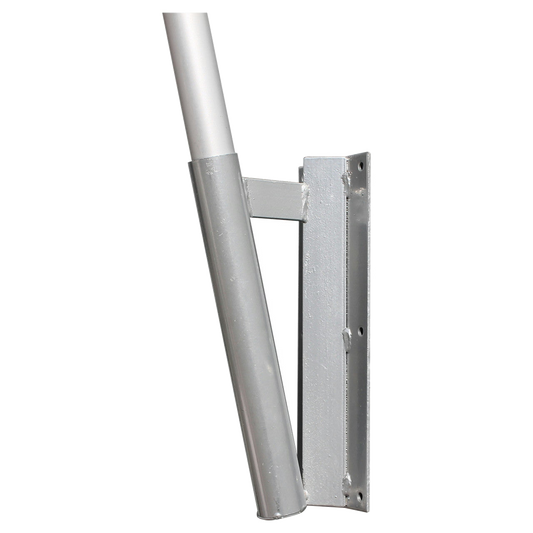 A metal swooper flag wall mount on a white background