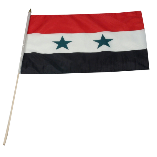Red, white, and black flag of Syria with two green stars.