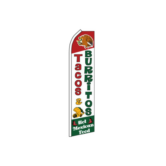 Swooper flag with text 'Tacos & Burritos' and 'Hot Mexican Food'