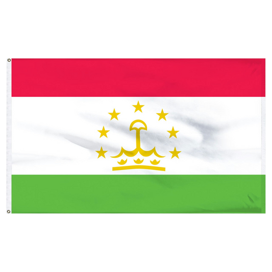 Tajikistan flag with red, white, and green horizontal stripes featuring a yellow emblem and stars on a white background