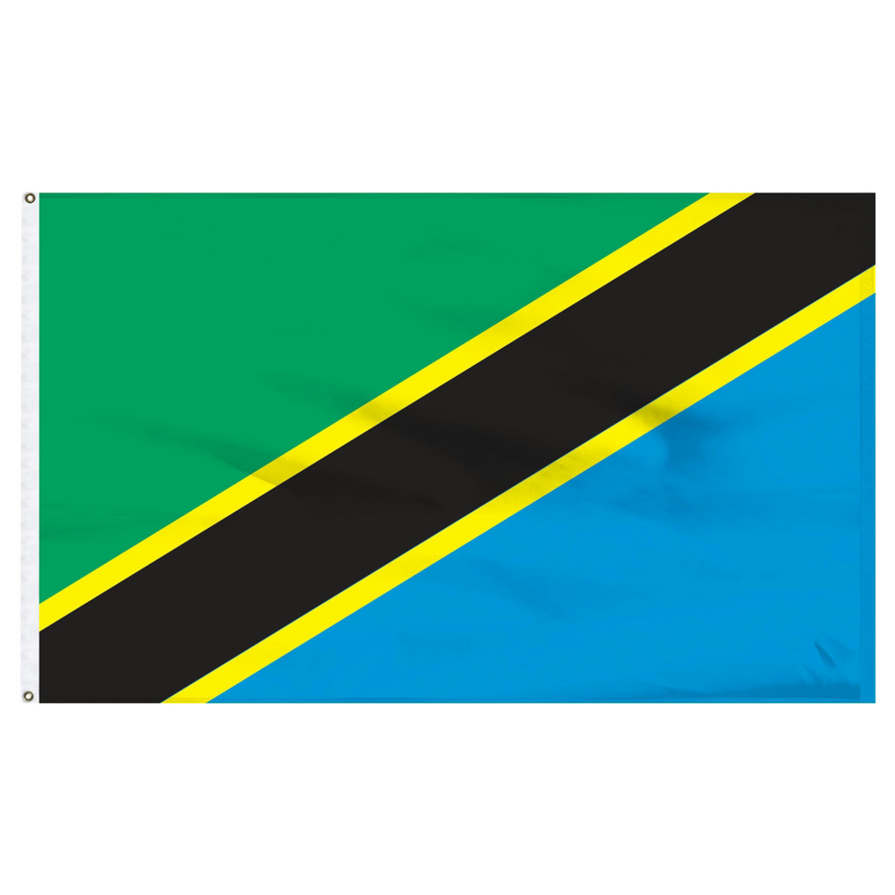Tanzanian flag with green, black, yellow, and blue stripes on a white background