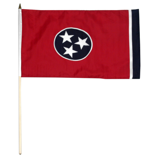 Tennessee red flag with a blue circle featuring three white stars on a white background