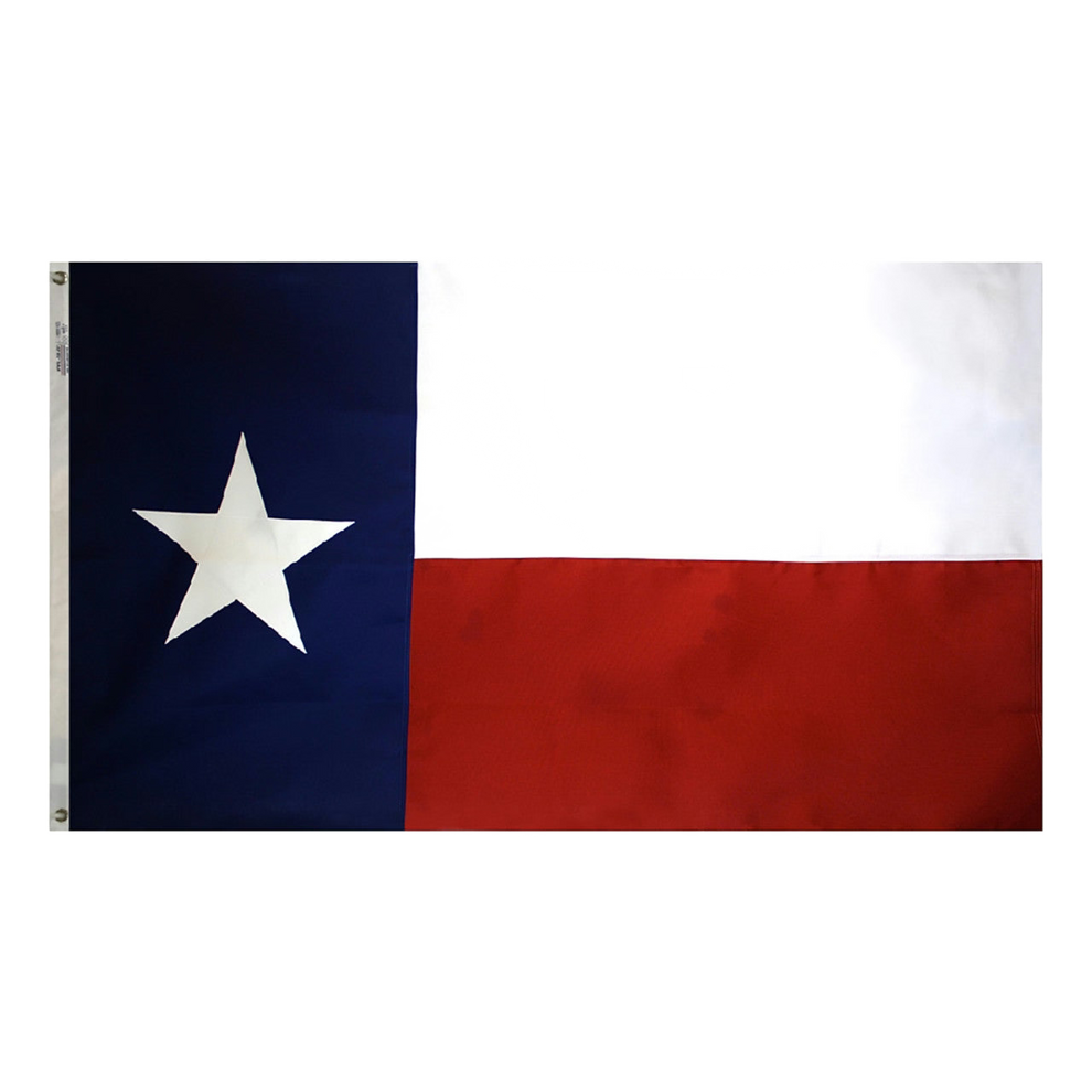 State of Texas Lone Star flag featuring the vertical blue panel with a white star alongside horizontal white and red stripes
