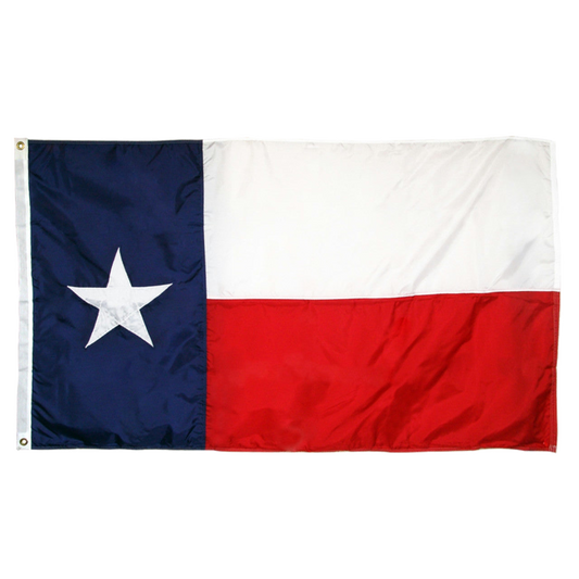 State of Texas Lone Star flag featuring the vertical blue panel with a white star alongside horizontal white and red stripes