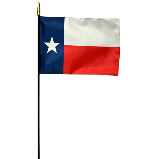 State of Texas Lone Star stick flag featuring the vertical blue panel with a white star alongside horizontal white and red stripes