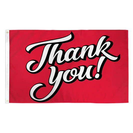 Red flag with 'Thank you!' text in white and black on a white background