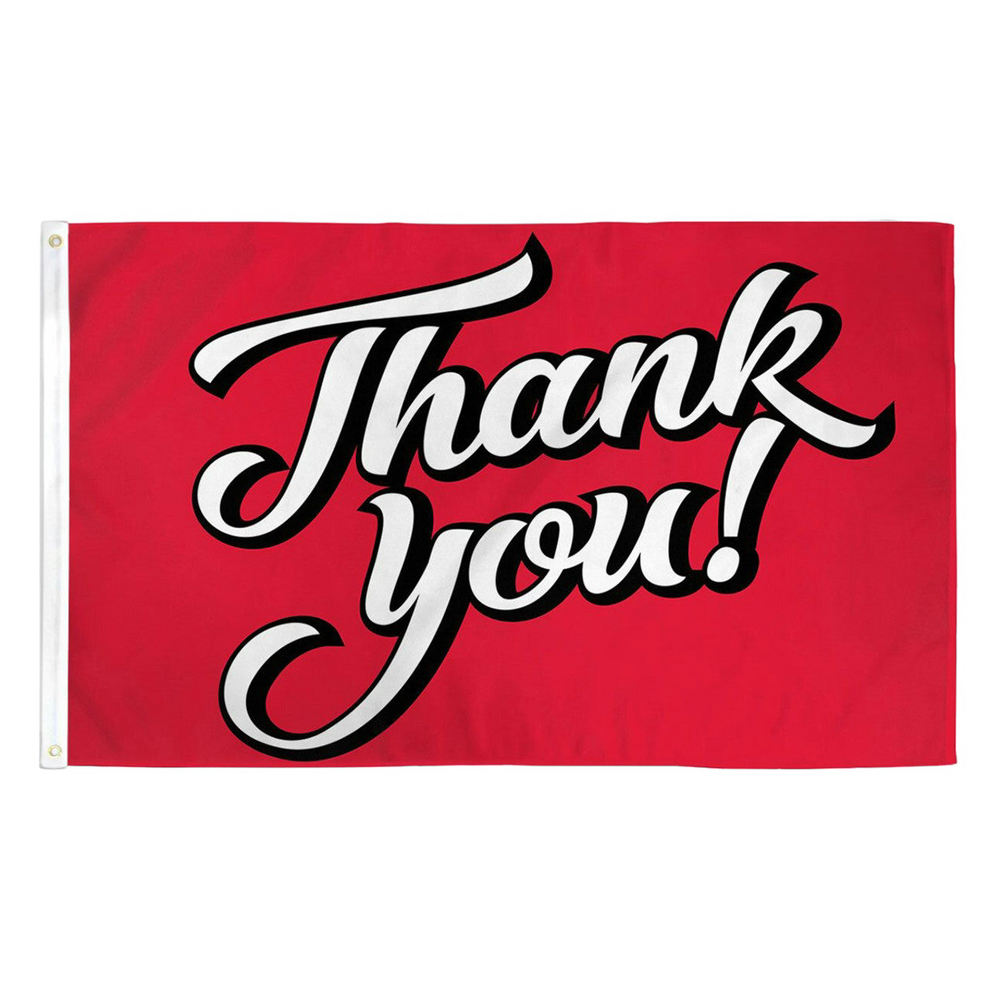 Red flag with 'Thank you!' text in white and black on a white background