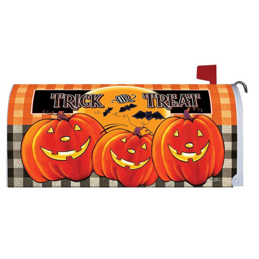 Halloween-themed mailbox cover with jack-o'-lanterns and 'Trick or Treat' text on a checkered background.