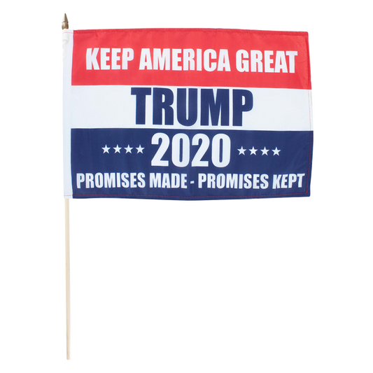 Flag with 'Keep America Great, Trump 2020, Promises Made, Promises Kept' text on a white background