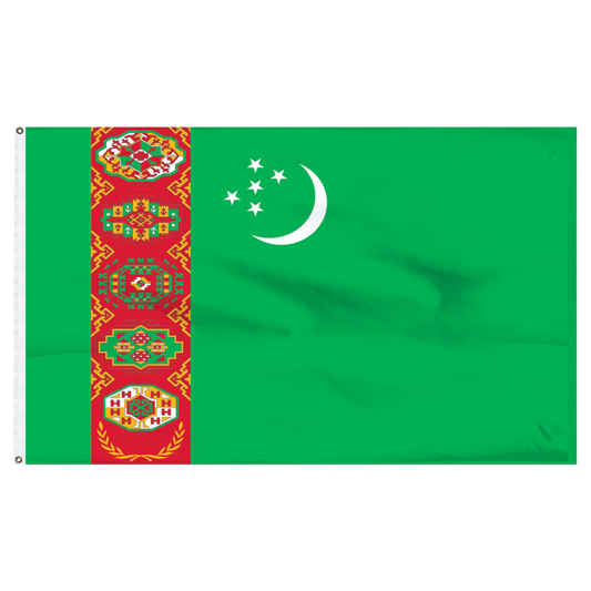 Turkmenistan flag with green background and red vertical panel featuring geometric patterns and a white crescent moon and star symbol.