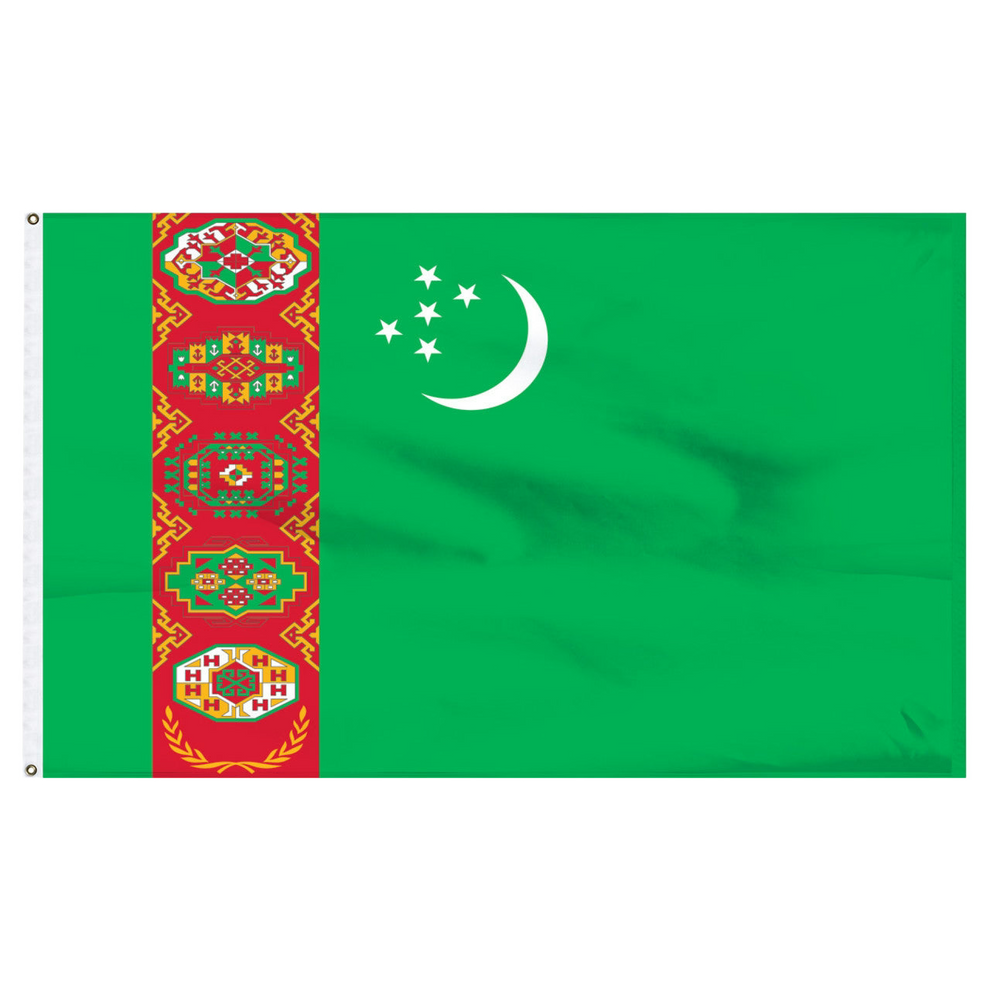 Turkmenistan flag with green background and red vertical panel featuring geometric patterns and a white crescent moon and star symbol.