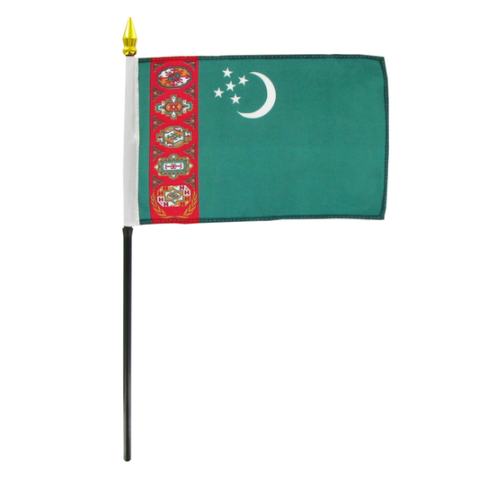 Fag of Turkmenistan with a green field, a white crescent and stars, and a red vertical stripe with ornamental designs.