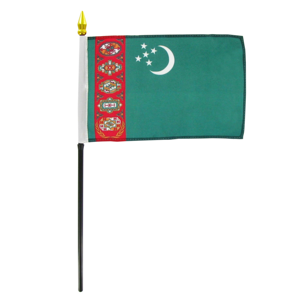 Fag of Turkmenistan with a green field, a white crescent and stars, and a red vertical stripe with ornamental designs.