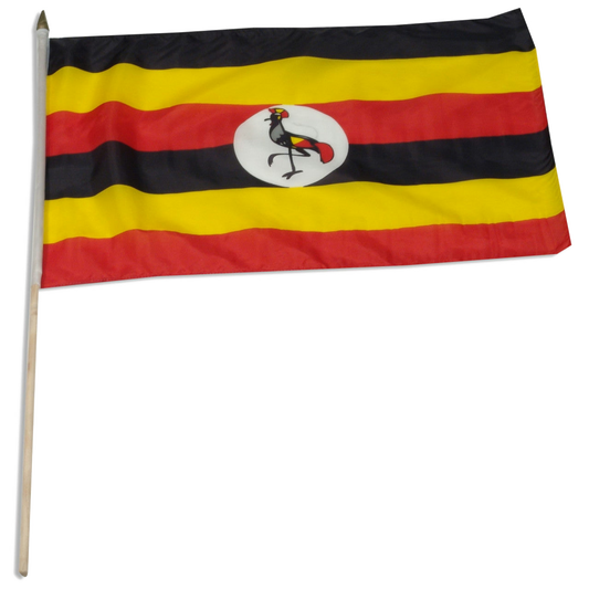 Flag of Uganda with black, yellow, and red stripes on a white background