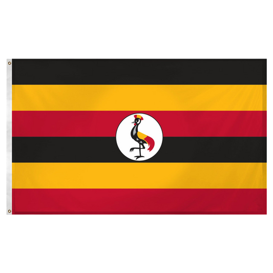 Uganda flag with black, yellow, and red horizontal stripes featuring a central emblem on a white background