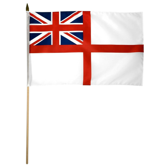 Flag with Union Jack design on a white background for the UK Royal Navy flag