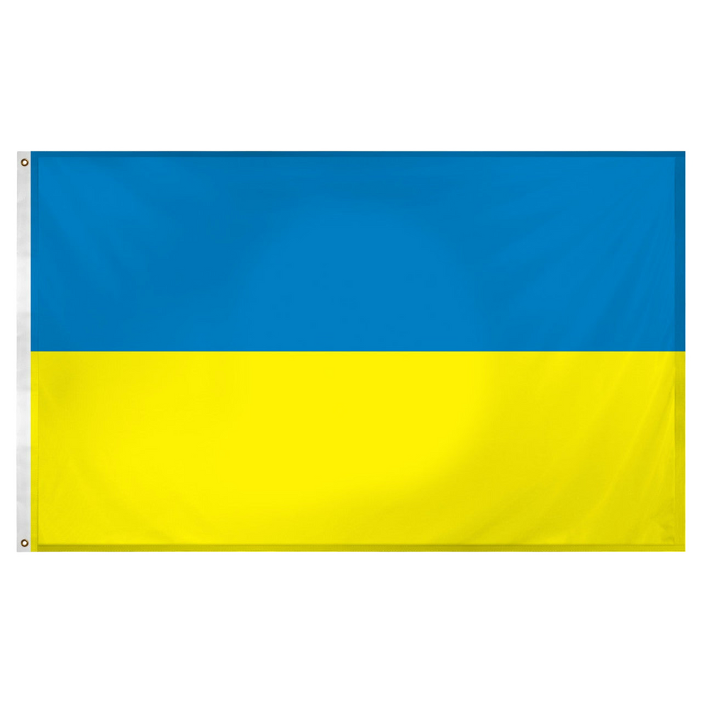 Ukrainian flag with blue and yellow horizontal stripes on a white background