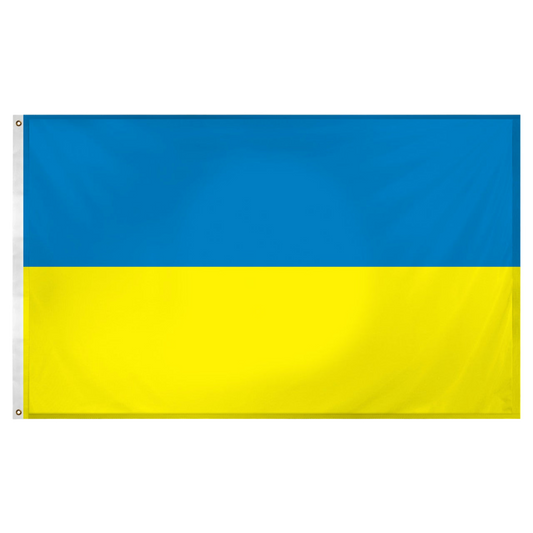 Ukrainian flag with blue and yellow horizontal stripes on a white background