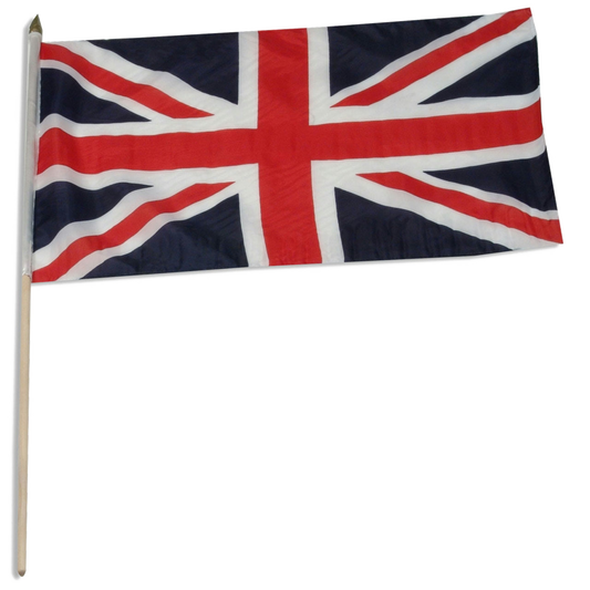 A small Union Jack flag on a silver metal stick, shown against a plain white background.