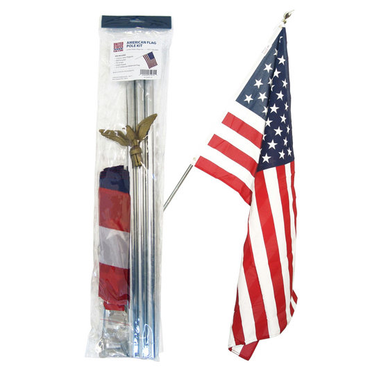 American flag and flagpole kit with packaging on a white background