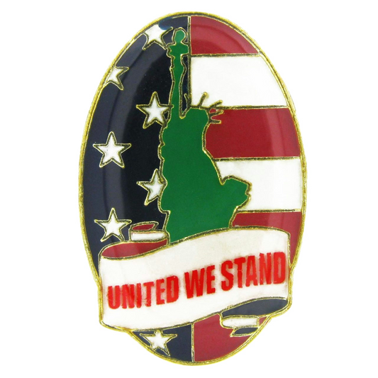 Pin with American flag design, Statue of Liberty, and 'United We Stand' text on a white background