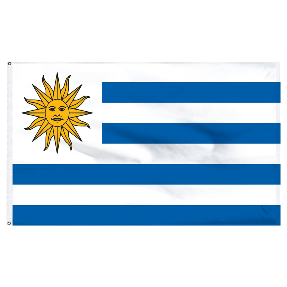 Flag of Uruguay with blue stripes and white stripes and a sun emblem.