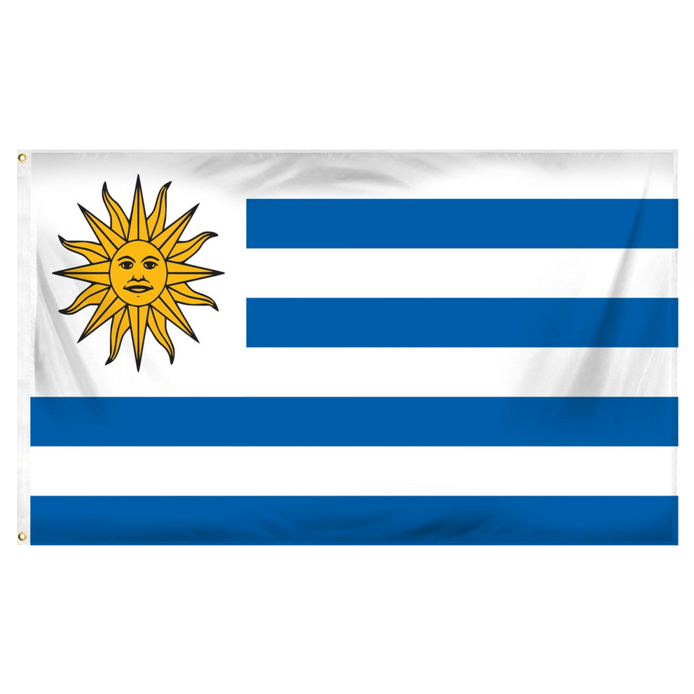 Flag of Uruguay with a yellow sun and blue horizontal stripes on a white background