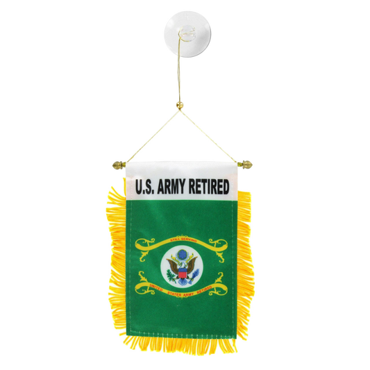 U.S. Army Retired banner with green background and yellow fringes on a white background