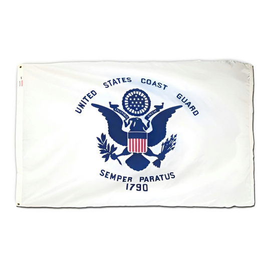 A 2 x 3 feet nylon flag of the United States Coast Guard with a blue emblem on a white background, featuring the text 'Semper Paratus 1790'.