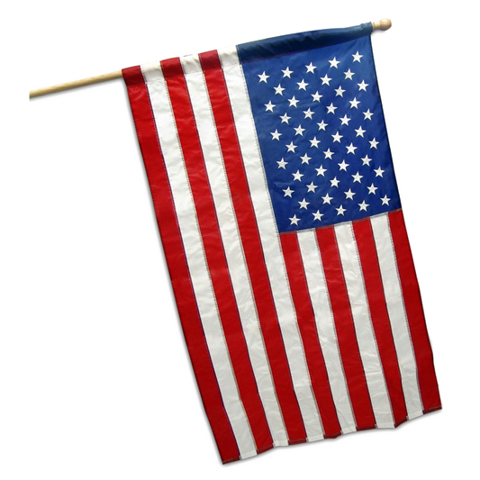 An American flag hanging from a wooden pole, shown against a plain white background.