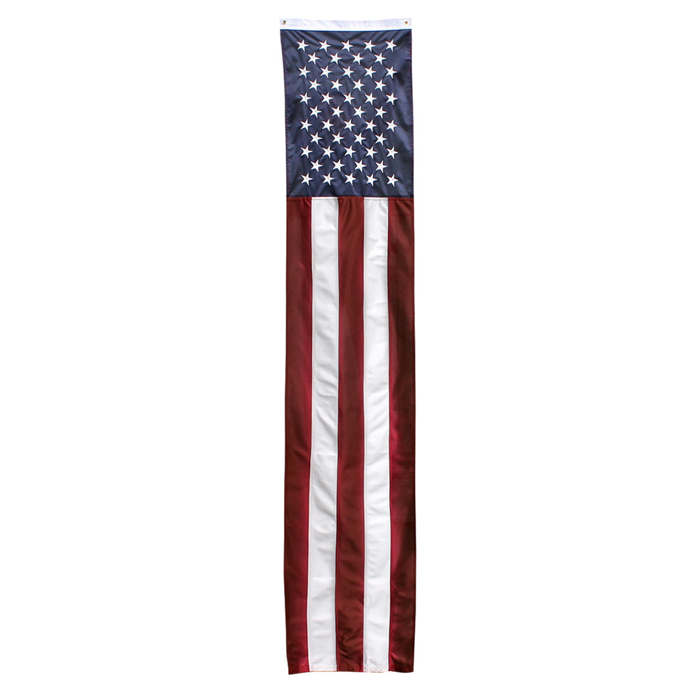 A vertical American flag banner or pennant with a white header strip and grommets at the top, shown against a plain white background.
