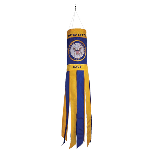 United States Navy windsock with blue and yellow colors on a white background