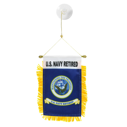 U.S. Navy retired banner with blue background and yellow fringe on a white background
