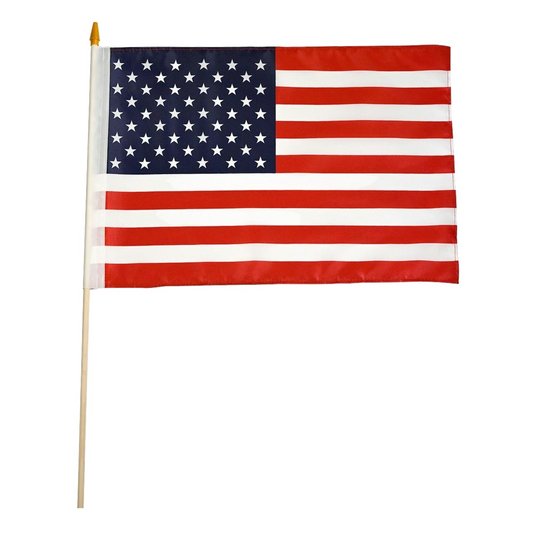 A small American flag on a wooden stick with a gold spear tip, isolated on a white background.