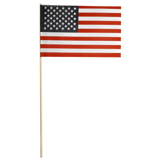 American flag on a wooden stick against a white background