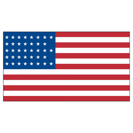 American flag with blue canton and 38 white stars on the left, red and white stripes on the right.