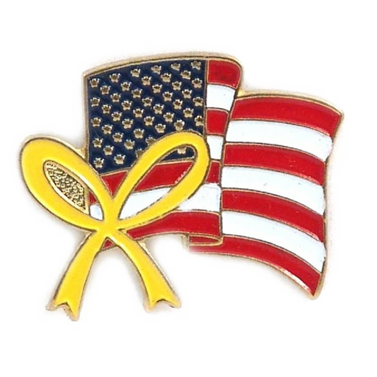 Pin with American flag and yellow ribbon on a white background