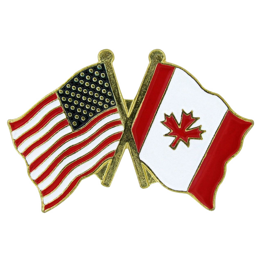 Pin with crossed American and Canadian flags on a white background