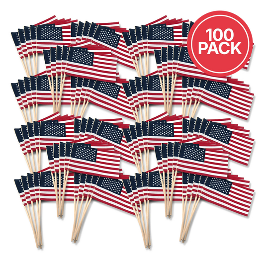 100-pack of small American flags on sticks with a red circle and white text indicating the quantity.