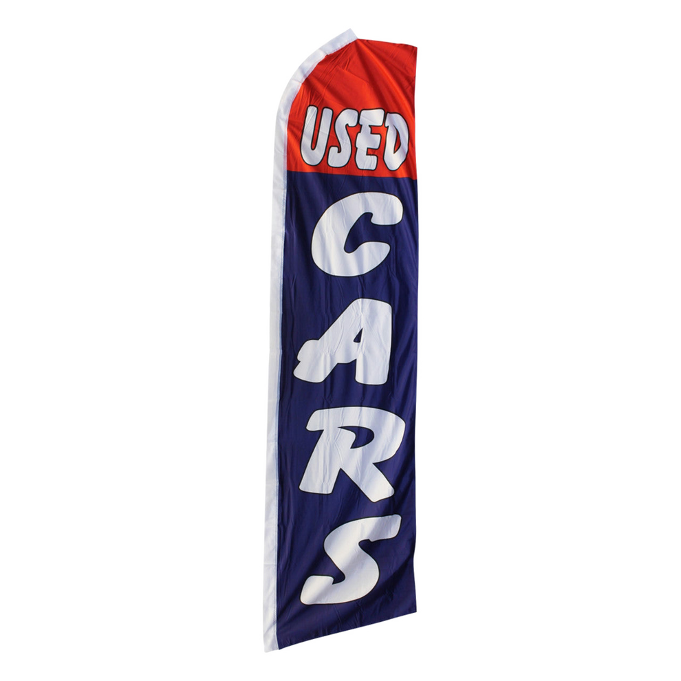 Swooper flag with 'USED CARS' text on a white background
