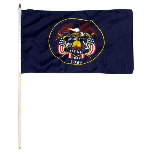 Historical Utah state stick flag design featuring the full-color state seal, gold beehive, and 'Industry' motto on a solid blue background.