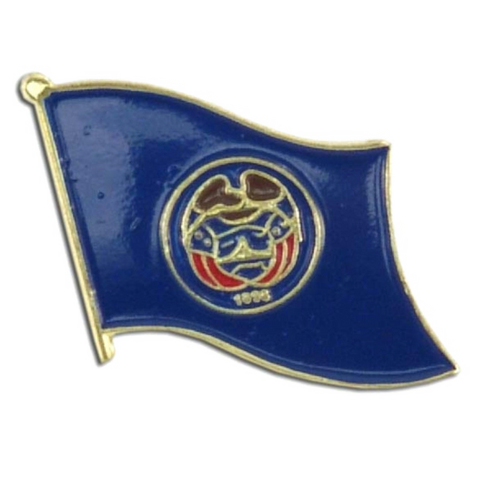 Blue Utah flag-shaped badge with a gold border on a white background