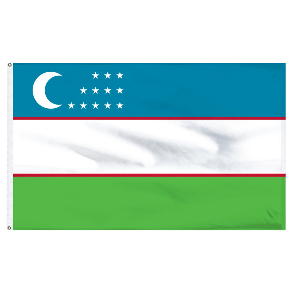 Uzbekistan flag with blue, white, and green horizontal stripes featuring a moon and stars on a white background